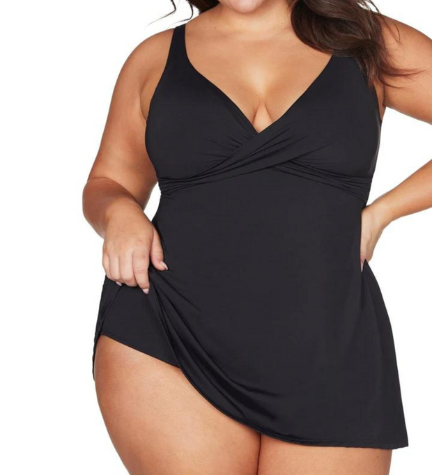 Plus Size Black Leaf Print Angel Sleeve Tummy Control Swim Dress