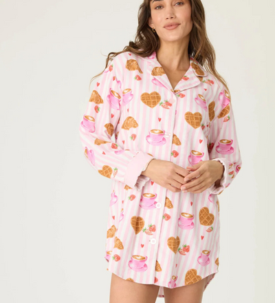 PJ SALVAGE Flannel Brunch Club Breakfast Print Night Shirt