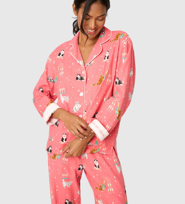 PJ SALVAGE Let's Get Fizzical 3-Piece Flannel PJ Set - Dark Coral