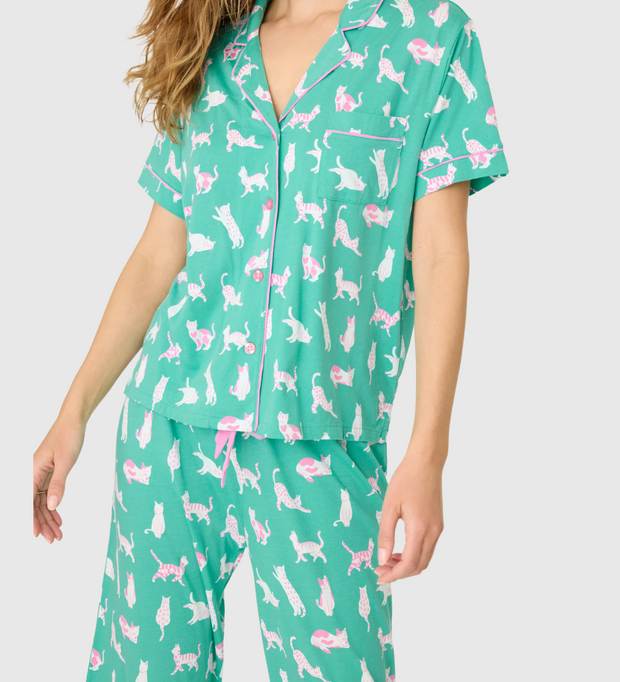 PJ SALVAGE Whimsy Butter Jersey Cropped PJ Set - CATS