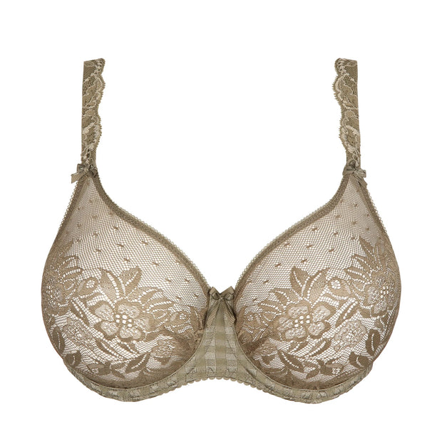 Sheer, full cup bra with seamless lace cups and a retro floral print. The straps are also decorated with lace. Romantic, airy and supportive!