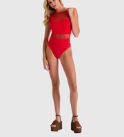 🍁SHAN Grid Mesh High-Neck One-Piece - Red