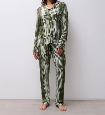 CHANTELLE Femilet Daisy Long Sleeve & Pant PJ Set - Green Lines