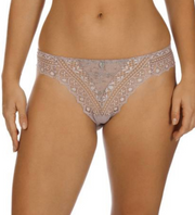 Bold, sheer lace is effortlessly constructed into an elegant Victorian motif, comfortable and breathable cotton gusset insert, flat trim provides a smooth, sleek appearance.   Matching panty to Cassiopee Bra Mid rise brief Moderate rear coverage Elastic waistband and leg openings Sheer mesh bum Elegant scalloped lace trim Cotton gusset