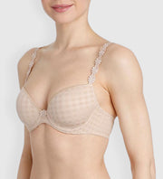 This versatile bra is a wardrobe staple, and one of our most requested styles.  Lightly padded microfibre cups create a lifted, gently rounded shape and smooth profile underneath T-Shirts.   The deeper plunge also accommodates lower necklines and plunges.  With its fun floral detail strap and subtle check pattern, this bra is both practical AND beautiful.